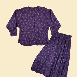 1970s paisley purple skirt & blouse set by Prophecy, vintage 70s maxi skirt/top